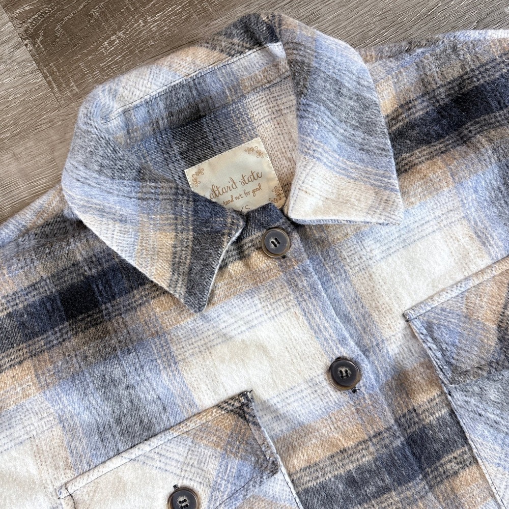 Altar'd State Plaid Shacket Blue Taupe Multi Oversized Flannel Jacket J1479PAS S